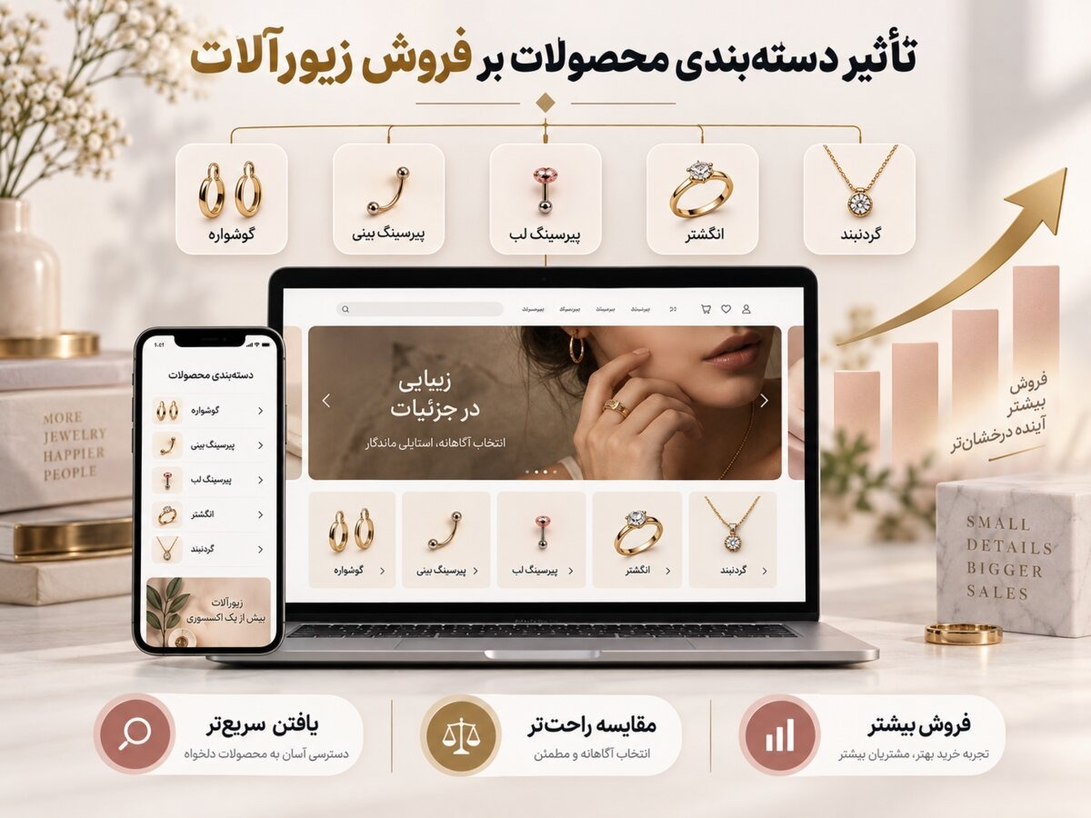 اینفوگرافیک تأثیر دستهبندی محصولات بر فروش فروشگاه اینترنتی زیورآلات